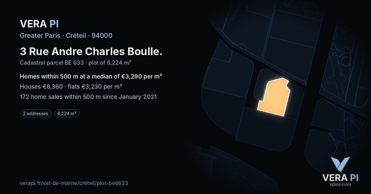 3 Rue Andre Charles Boulle, Créteil at night – the plot lit, the parcels around coloured by the prices near them