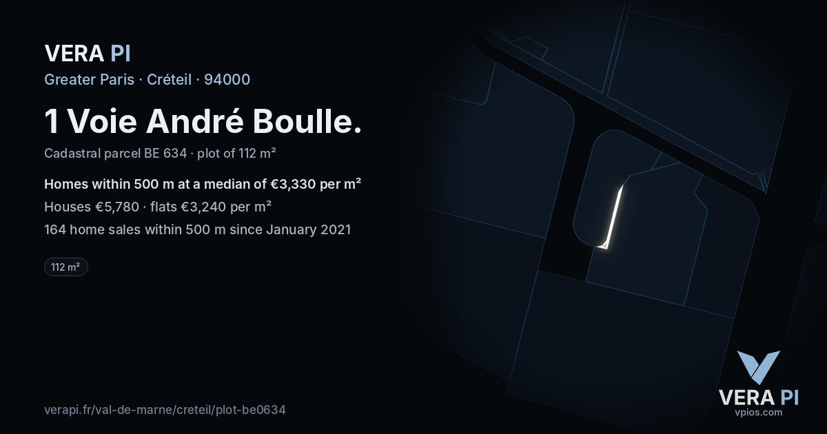 1 Voie André Boulle, Créteil at night – the plot lit, the parcels around coloured by the prices near them