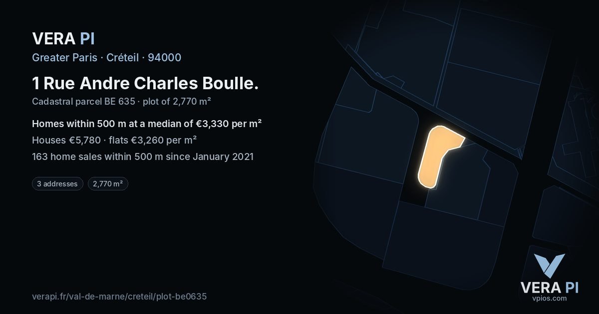 1 Rue Andre Charles Boulle, Créteil at night – the plot lit, the parcels around coloured by the prices near them
