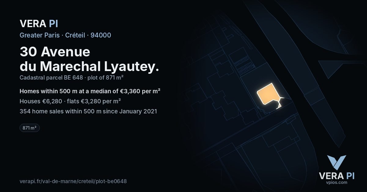 30 Avenue du Marechal Lyautey, Créteil at night – the plot lit, the parcels around coloured by the prices near them