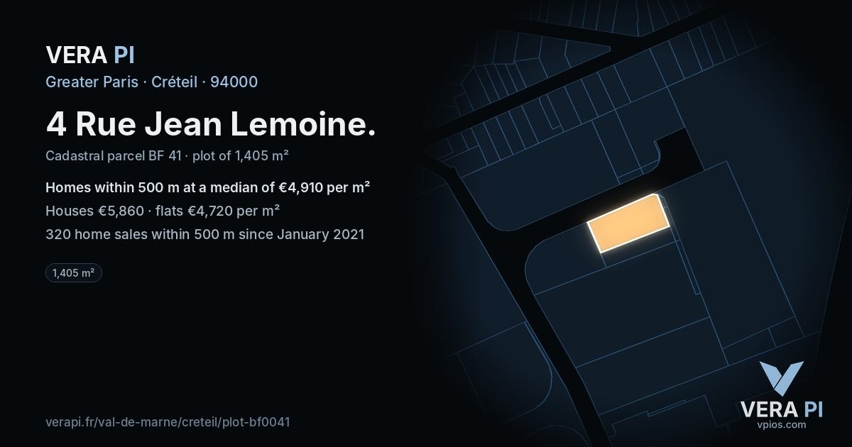 4 Rue Jean Lemoine, Créteil at night – the plot lit, the parcels around coloured by the prices near them