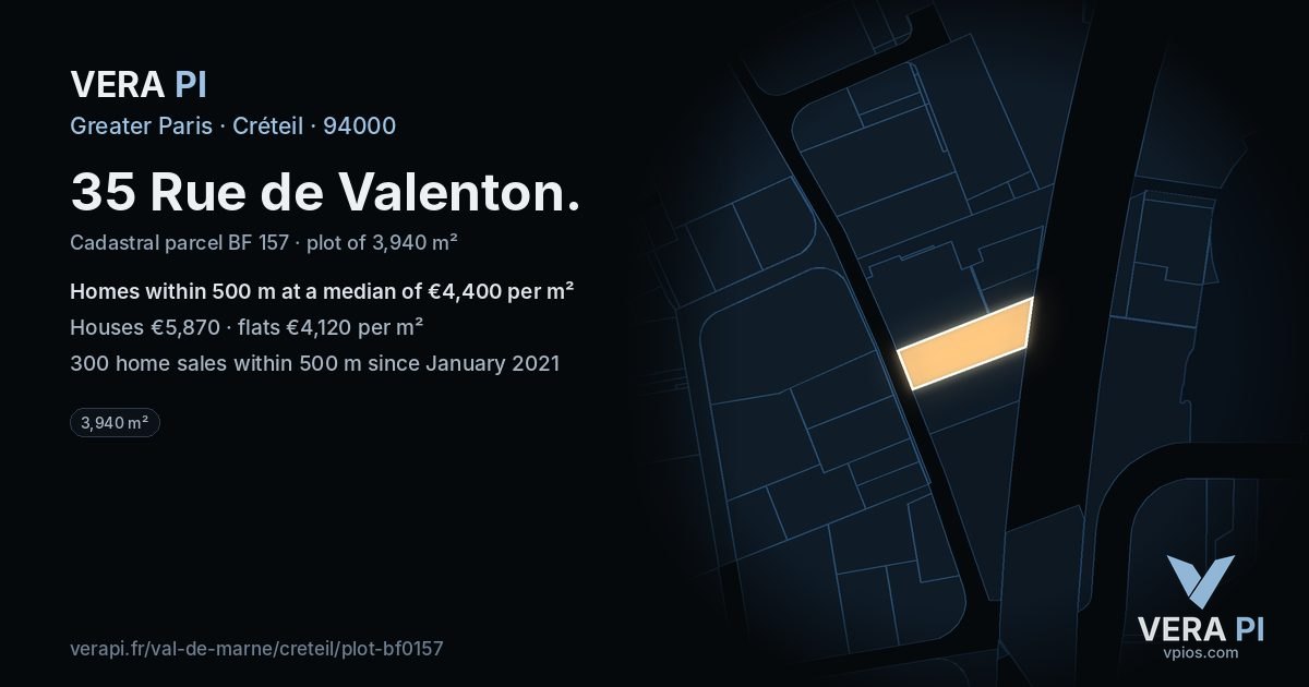 35 Rue de Valenton, Créteil at night – the plot lit, the parcels around coloured by the prices near them