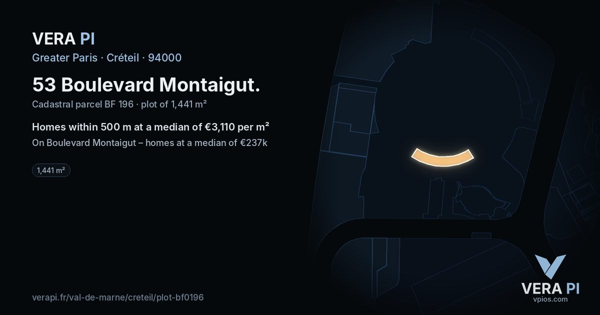 53 Boulevard Montaigut, Créteil at night – the plot lit, the parcels around coloured by the prices near them