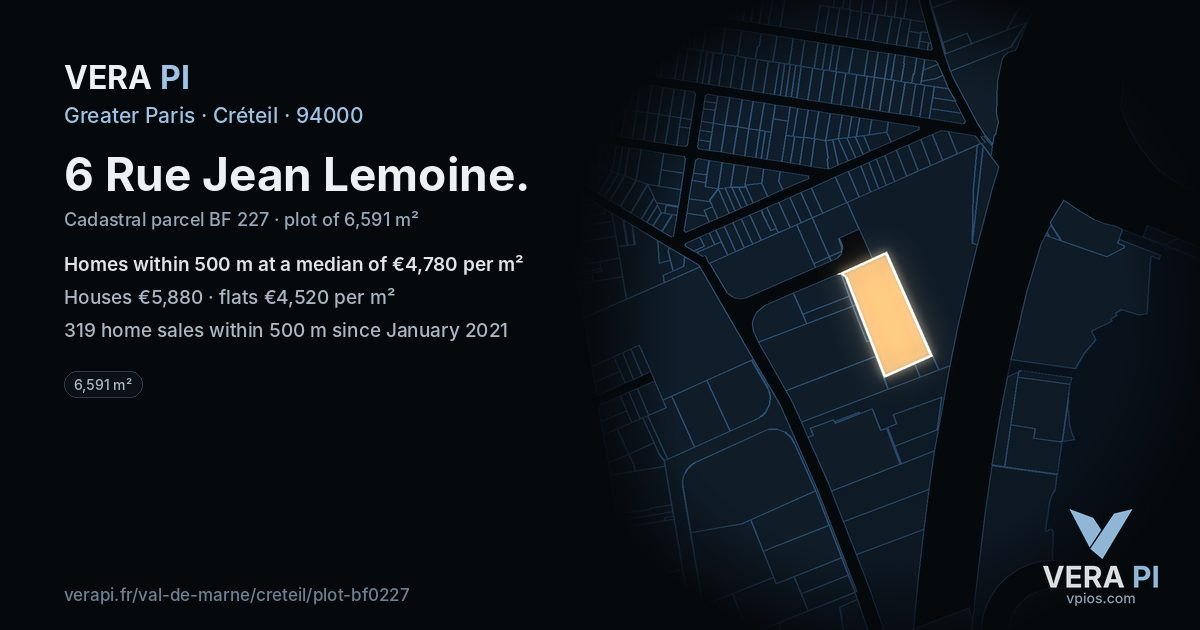 6 Rue Jean Lemoine, Créteil at night – the plot lit, the parcels around coloured by the prices near them