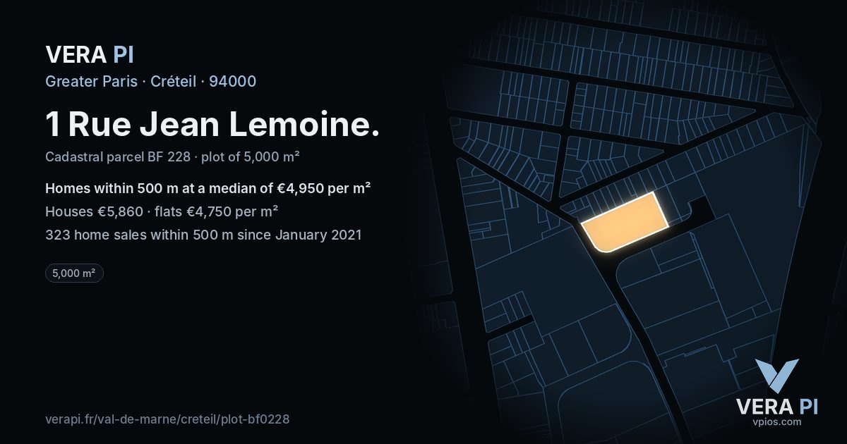 1 Rue Jean Lemoine, Créteil at night – the plot lit, the parcels around coloured by the prices near them