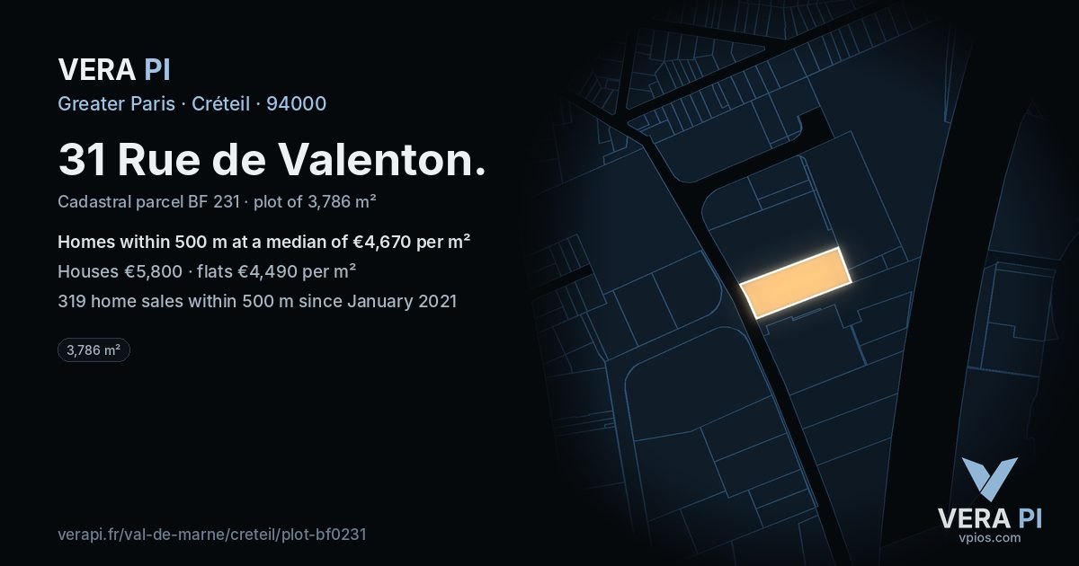 31 Rue de Valenton, Créteil at night – the plot lit, the parcels around coloured by the prices near them