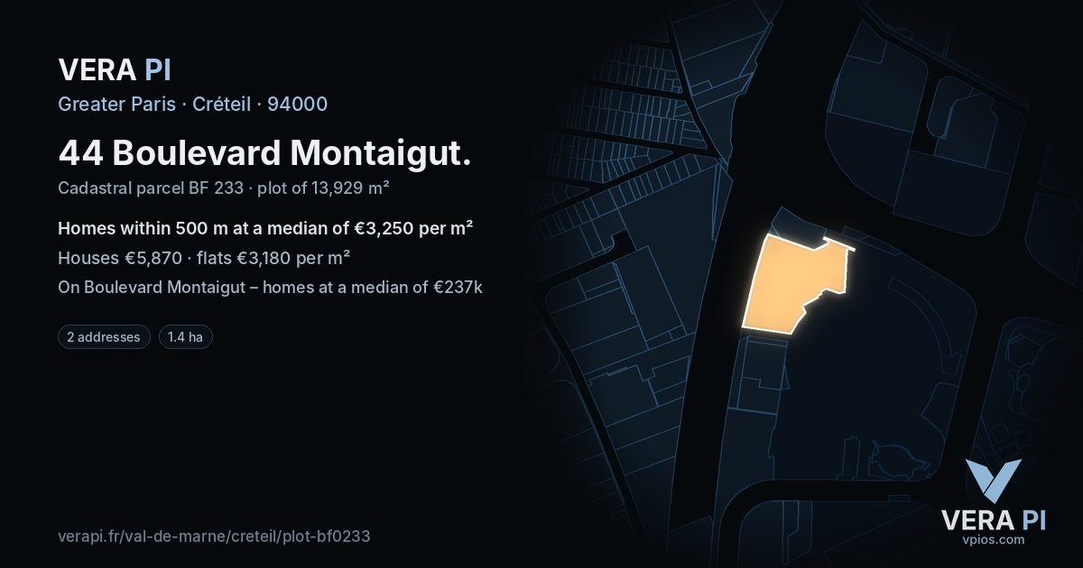 44 Boulevard Montaigut, Créteil at night – the plot lit, the parcels around coloured by the prices near them