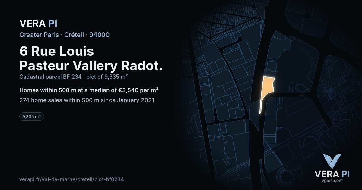 6 Rue Louis Pasteur Vallery Radot, Créteil at night – the plot lit, the parcels around coloured by the prices near them