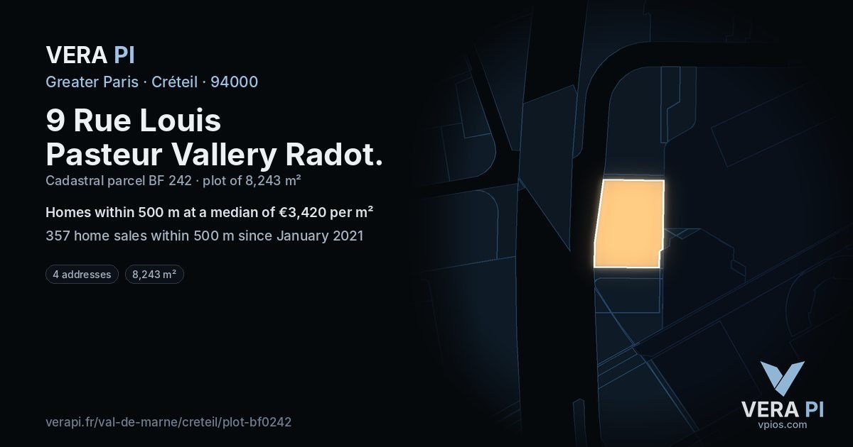 9 Rue Louis Pasteur Vallery Radot, Créteil at night – the plot lit, the parcels around coloured by the prices near them
