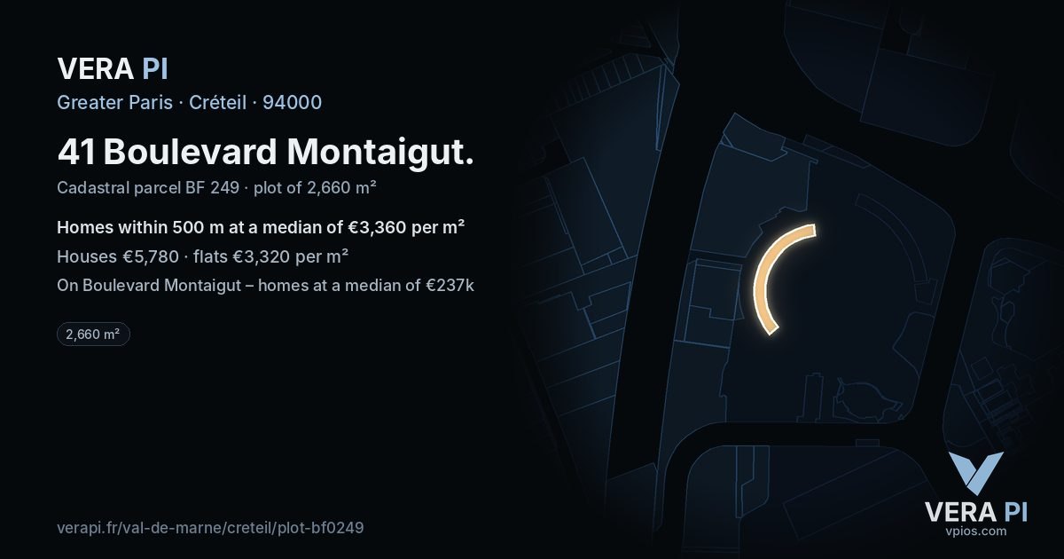 41 Boulevard Montaigut, Créteil at night – the plot lit, the parcels around coloured by the prices near them