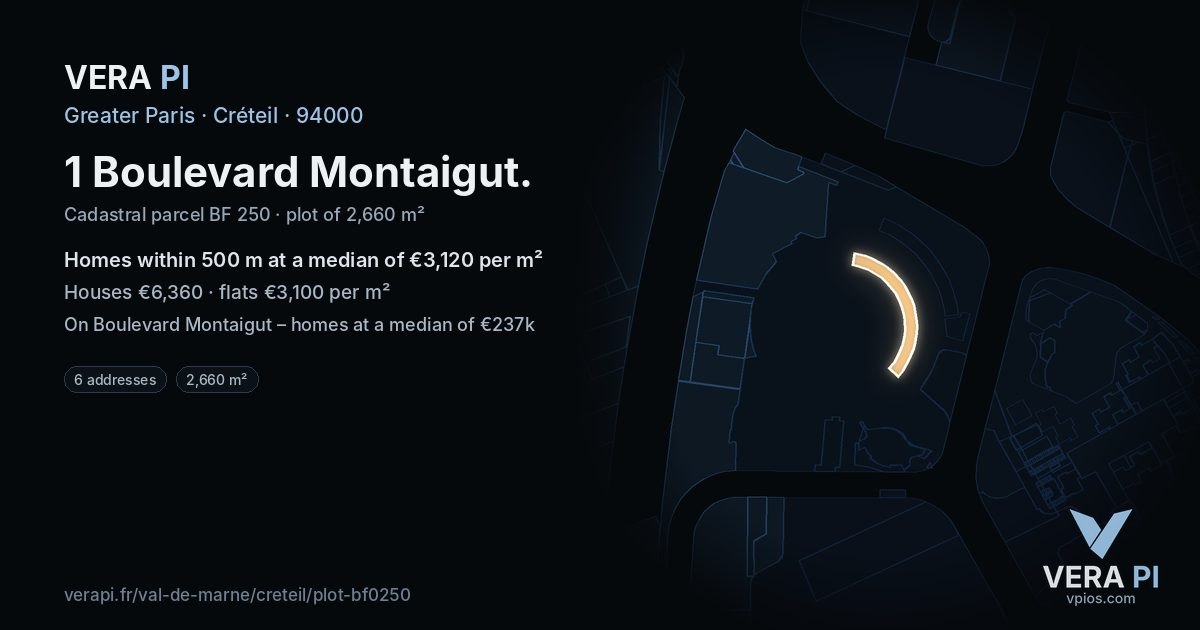 1 Boulevard Montaigut, Créteil at night – the plot lit, the parcels around coloured by the prices near them