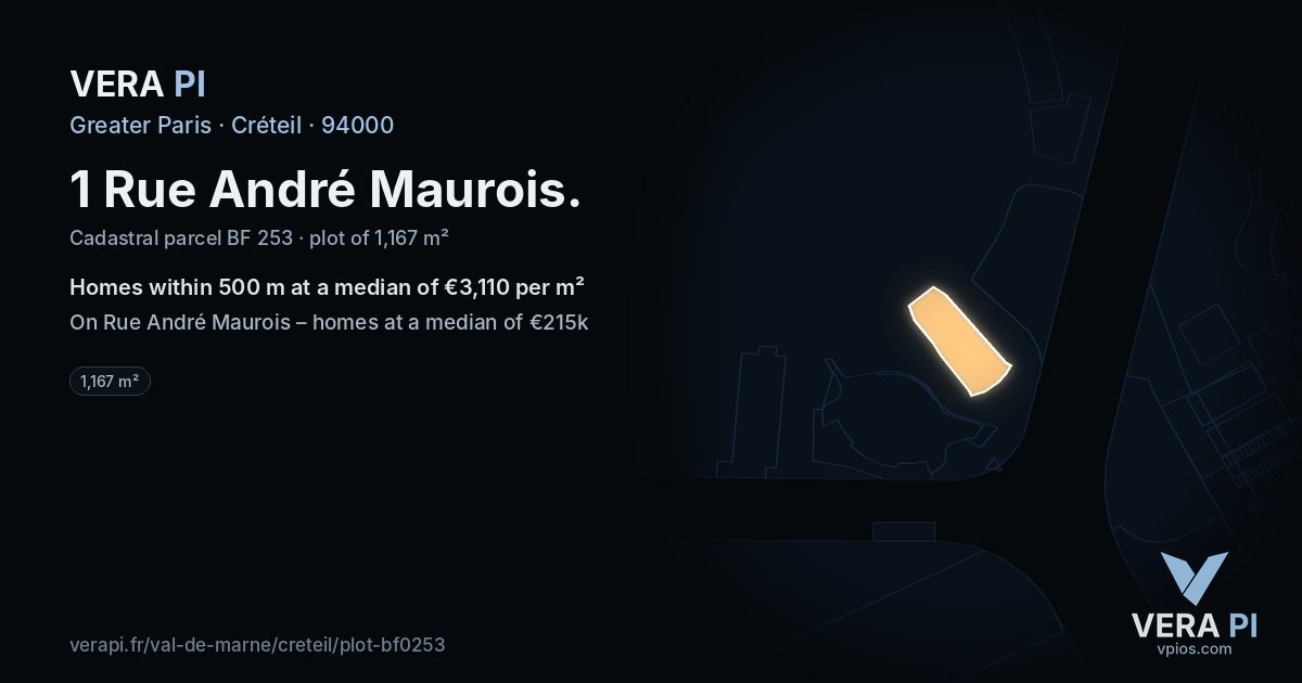 1 Rue André Maurois, Créteil at night – the plot lit, the parcels around coloured by the prices near them