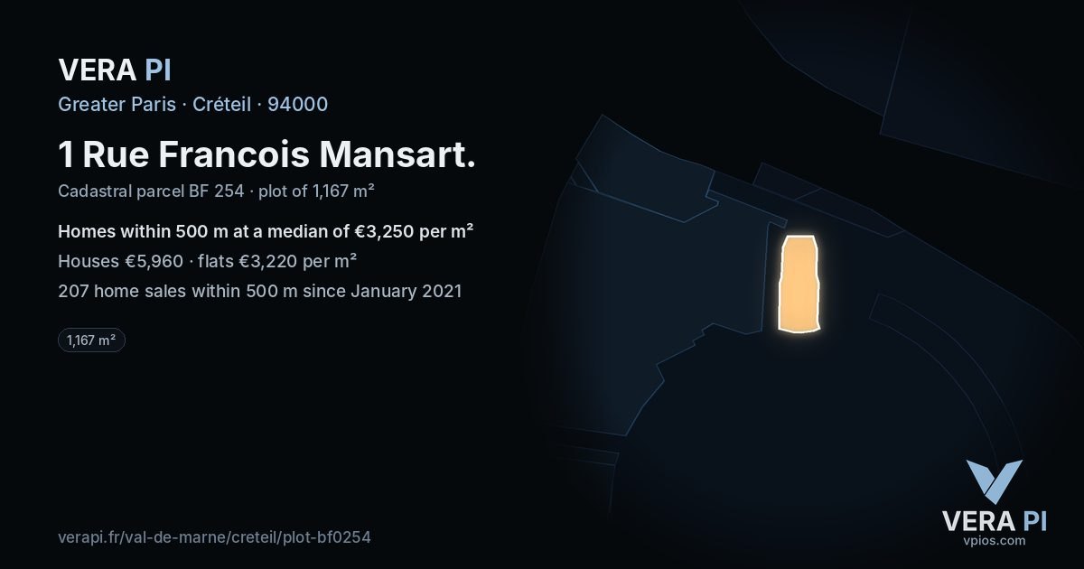 1 Rue Francois Mansart, Créteil at night – the plot lit, the parcels around coloured by the prices near them