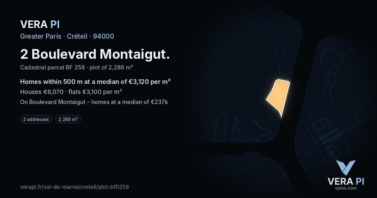 2 Boulevard Montaigut, Créteil at night – the plot lit, the parcels around coloured by the prices near them