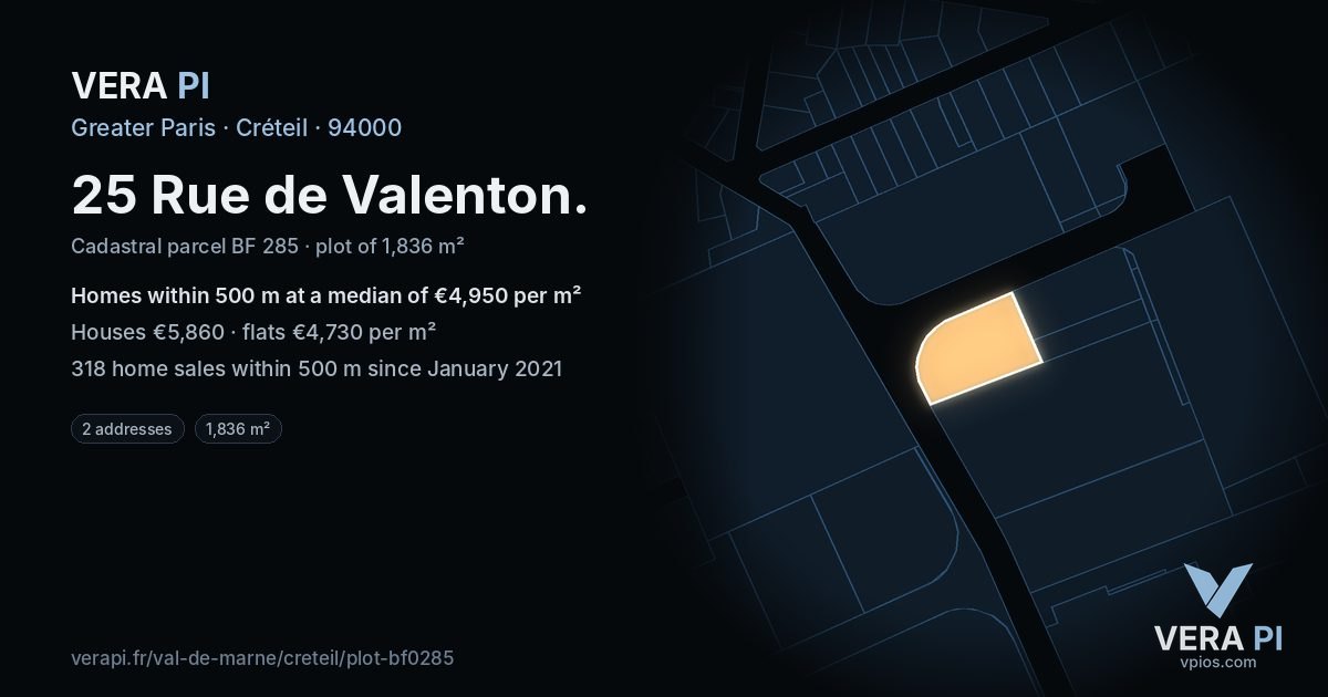 25 Rue de Valenton, Créteil at night – the plot lit, the parcels around coloured by the prices near them