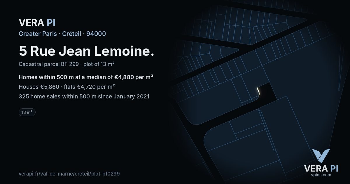 5 Rue Jean Lemoine, Créteil at night – the plot lit, the parcels around coloured by the prices near them