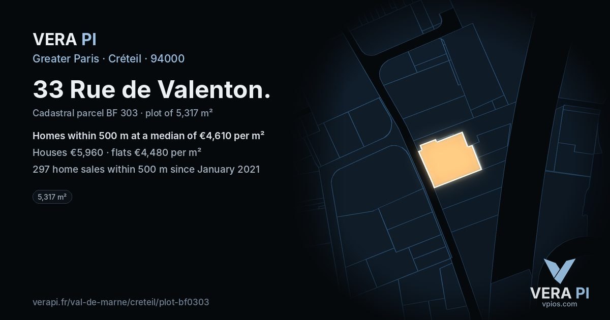 33 Rue de Valenton, Créteil at night – the plot lit, the parcels around coloured by the prices near them