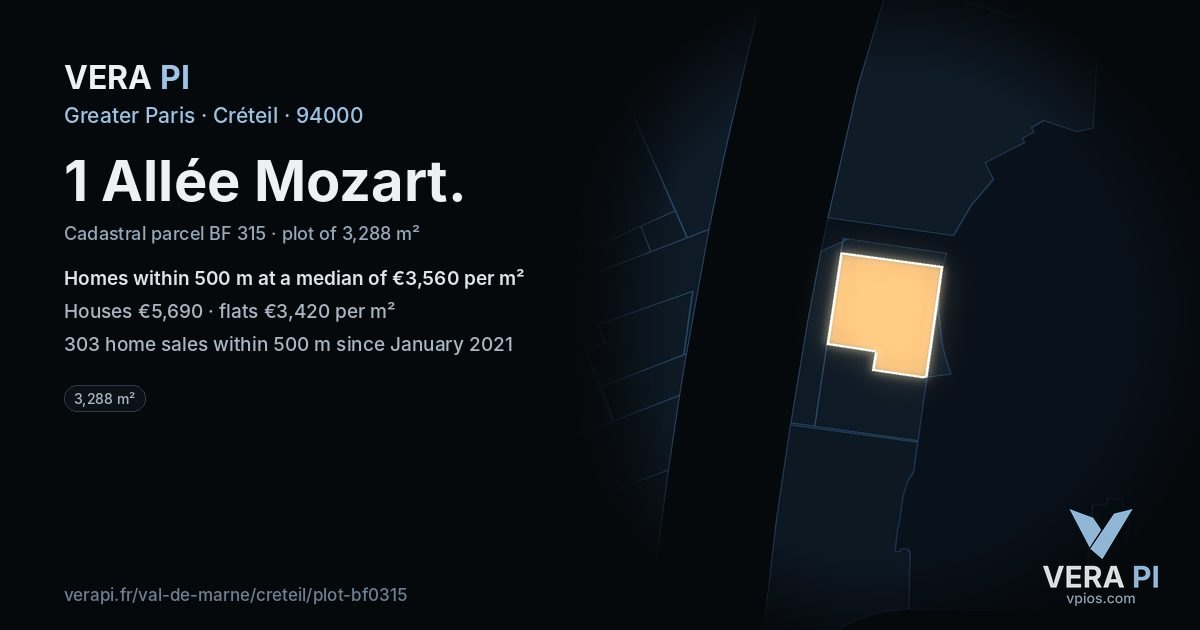 1 Allée Mozart, Créteil at night – the plot lit, the parcels around coloured by the prices near them