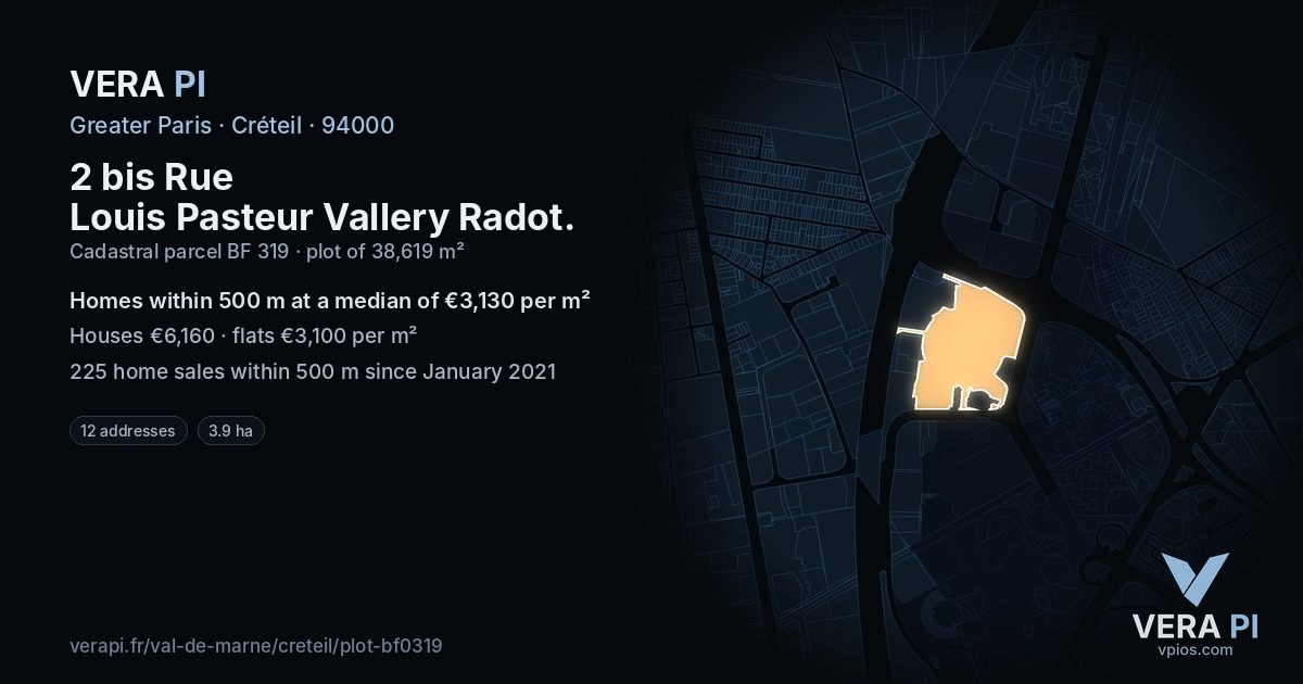 2 bis Rue Louis Pasteur Vallery Radot, Créteil at night – the plot lit, the parcels around coloured by the prices near them