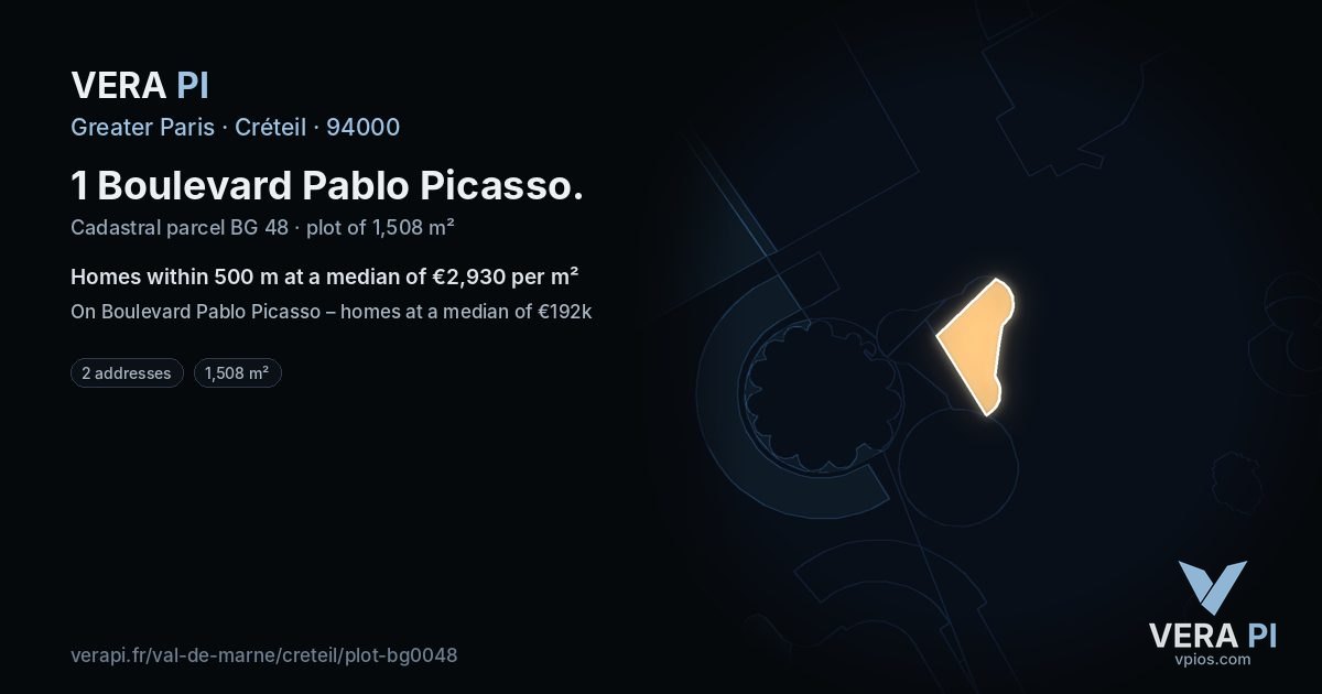 1 Boulevard Pablo Picasso, Créteil at night – the plot lit, the parcels around coloured by the prices near them
