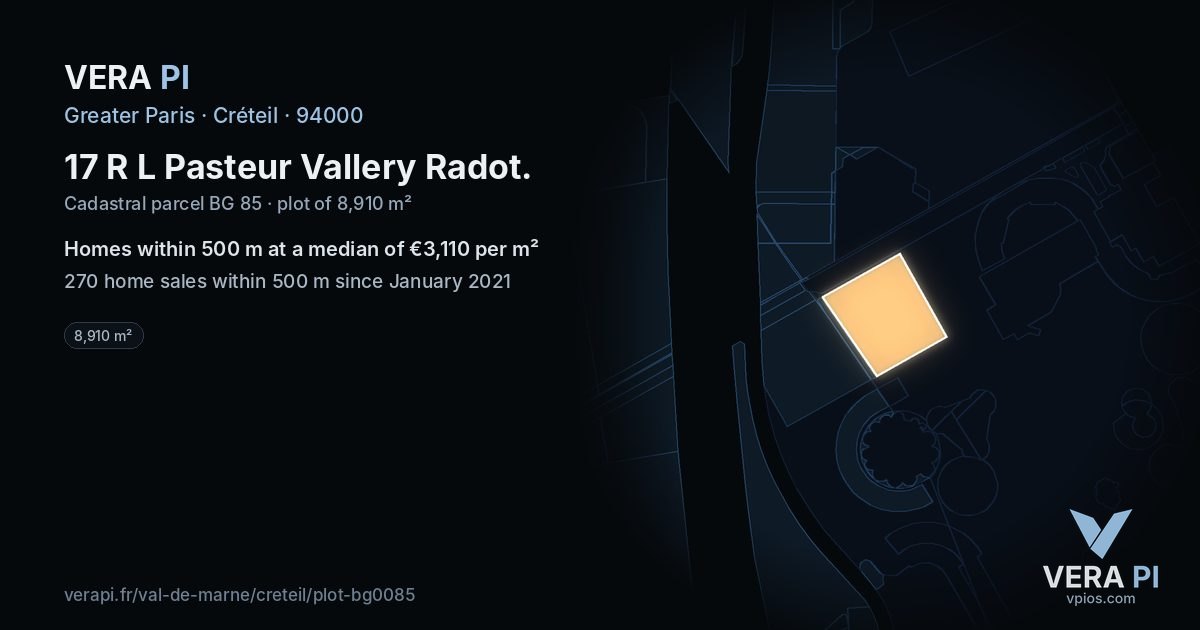 17 R L Pasteur Vallery Radot, Créteil at night – the plot lit, the parcels around coloured by the prices near them