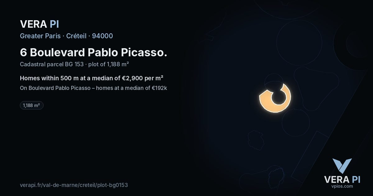 6 Boulevard Pablo Picasso, Créteil at night – the plot lit, the parcels around coloured by the prices near them