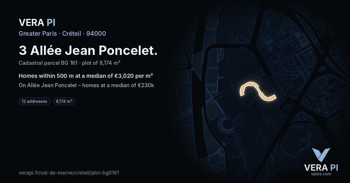 3 Allée Jean Poncelet, Créteil at night – the plot lit, the parcels around coloured by the prices near them