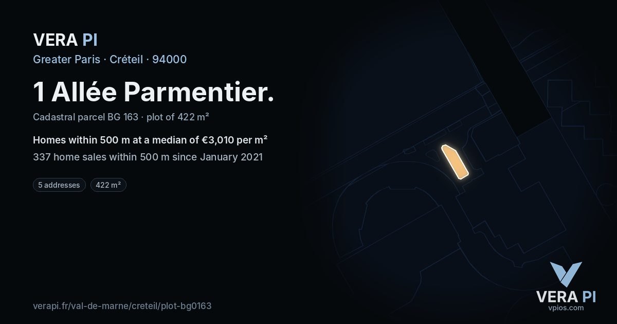 1 Allée Parmentier, Créteil at night – the plot lit, the parcels around coloured by the prices near them