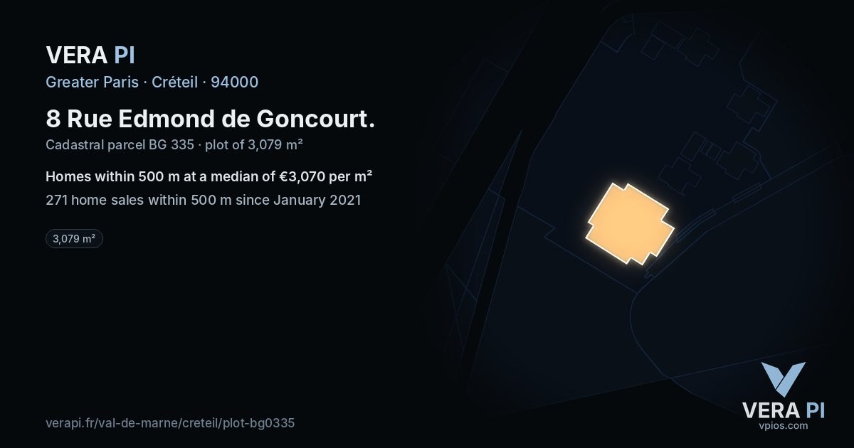 8 Rue Edmond de Goncourt, Créteil at night – the plot lit, the parcels around coloured by the prices near them