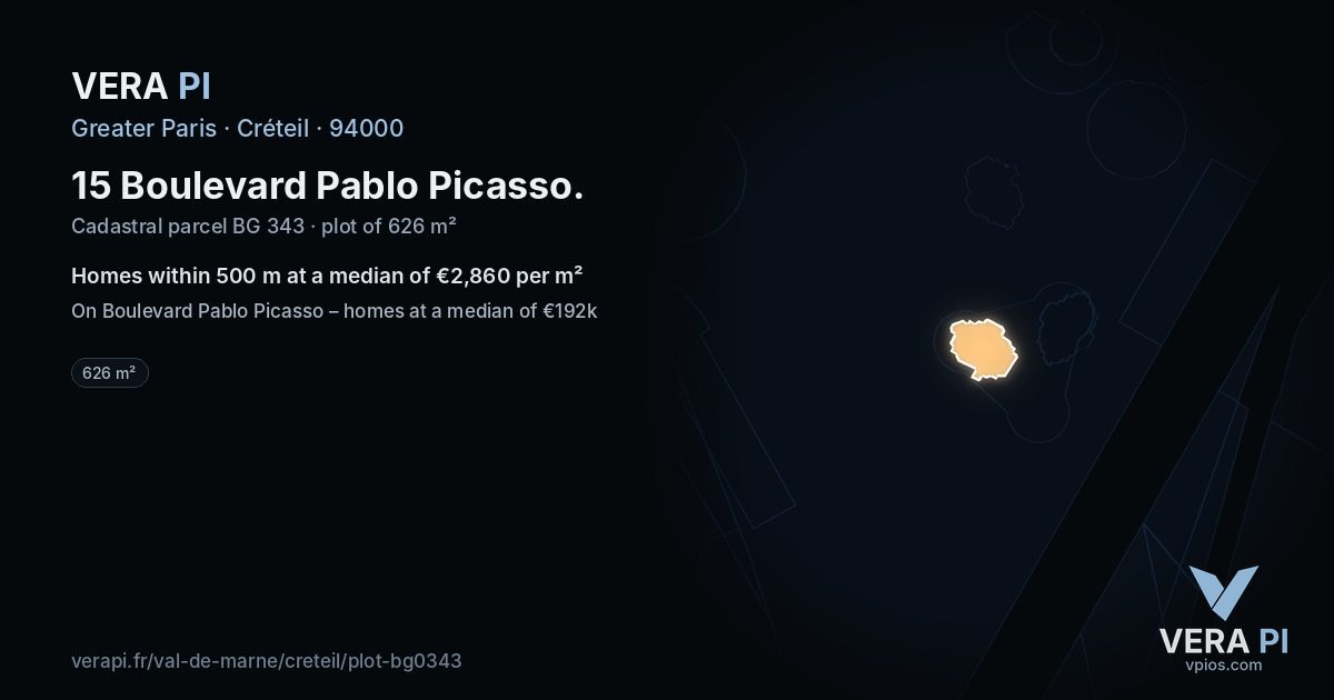 15 Boulevard Pablo Picasso, Créteil at night – the plot lit, the parcels around coloured by the prices near them