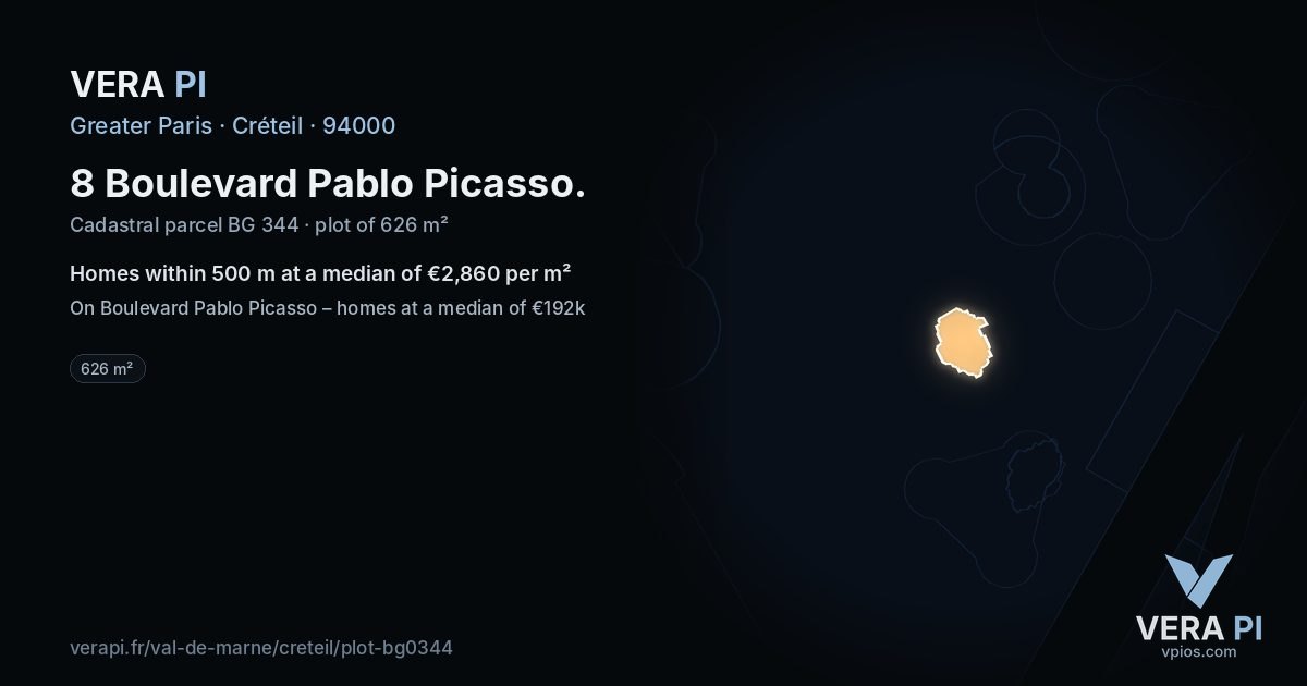 8 Boulevard Pablo Picasso, Créteil at night – the plot lit, the parcels around coloured by the prices near them