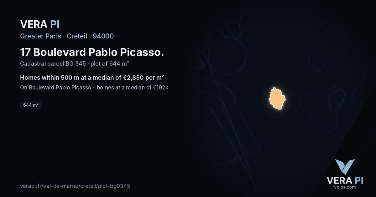 17 Boulevard Pablo Picasso, Créteil at night – the plot lit, the parcels around coloured by the prices near them