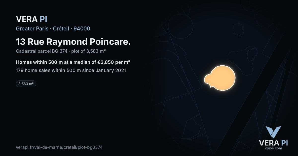 13 Rue Raymond Poincare, Créteil at night – the plot lit, the parcels around coloured by the prices near them