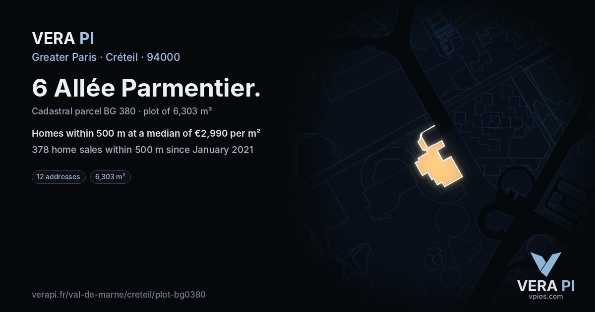 6 Allée Parmentier, Créteil at night – the plot lit, the parcels around coloured by the prices near them
