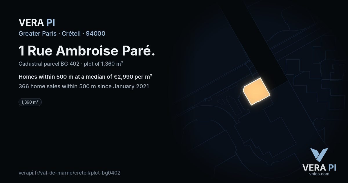 1 Rue Ambroise Paré, Créteil at night – the plot lit, the parcels around coloured by the prices near them