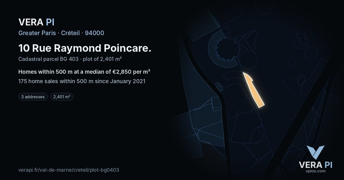 10 Rue Raymond Poincare, Créteil at night – the plot lit, the parcels around coloured by the prices near them