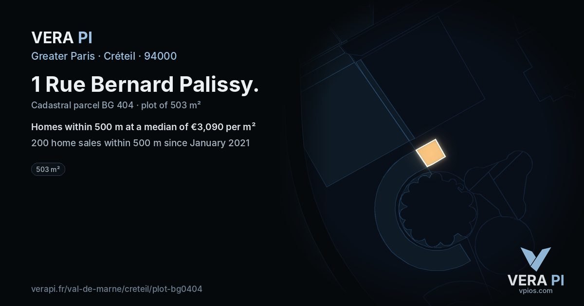 1 Rue Bernard Palissy, Créteil at night – the plot lit, the parcels around coloured by the prices near them