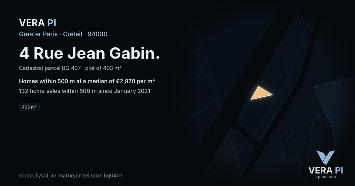 4 Rue Jean Gabin, Créteil at night – the plot lit, the parcels around coloured by the prices near them