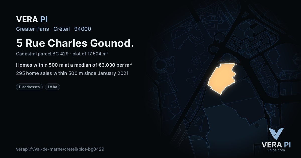 5 Rue Charles Gounod, Créteil at night – the plot lit, the parcels around coloured by the prices near them