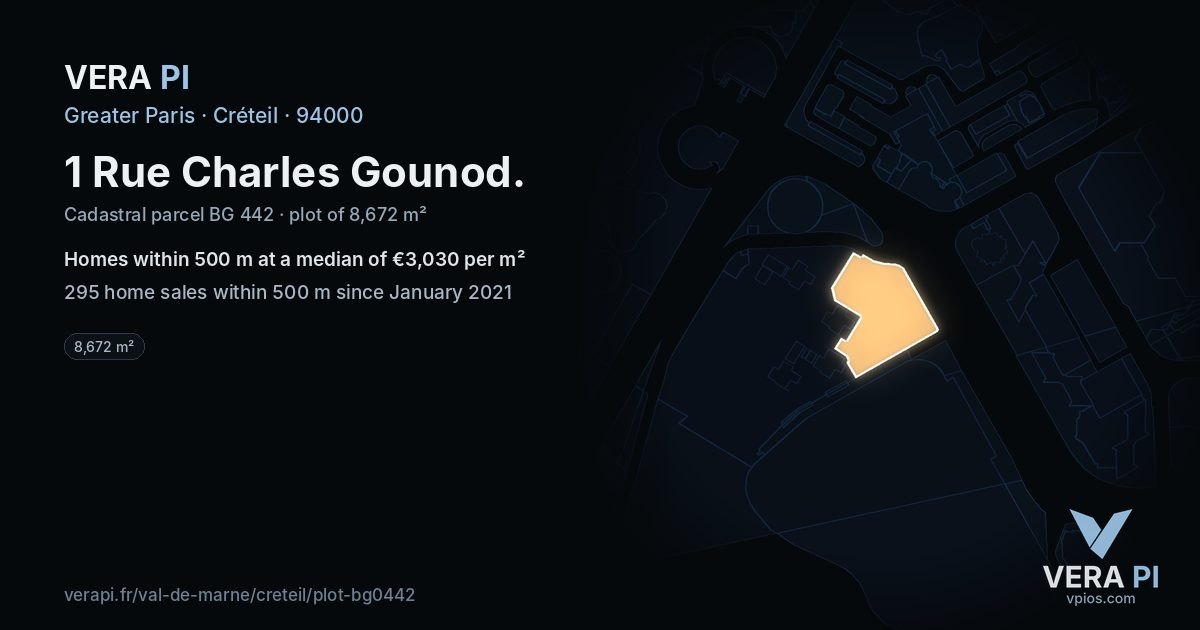 1 Rue Charles Gounod, Créteil at night – the plot lit, the parcels around coloured by the prices near them