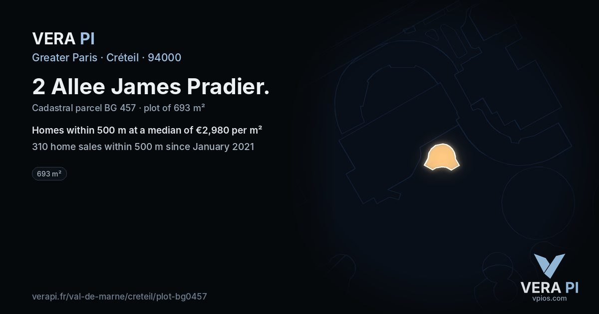2 Allee James Pradier, Créteil at night – the plot lit, the parcels around coloured by the prices near them