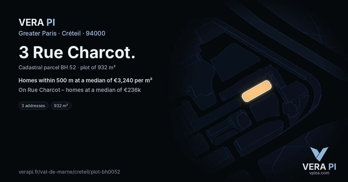 3 Rue Charcot, Créteil at night – the plot lit, the parcels around coloured by the prices near them