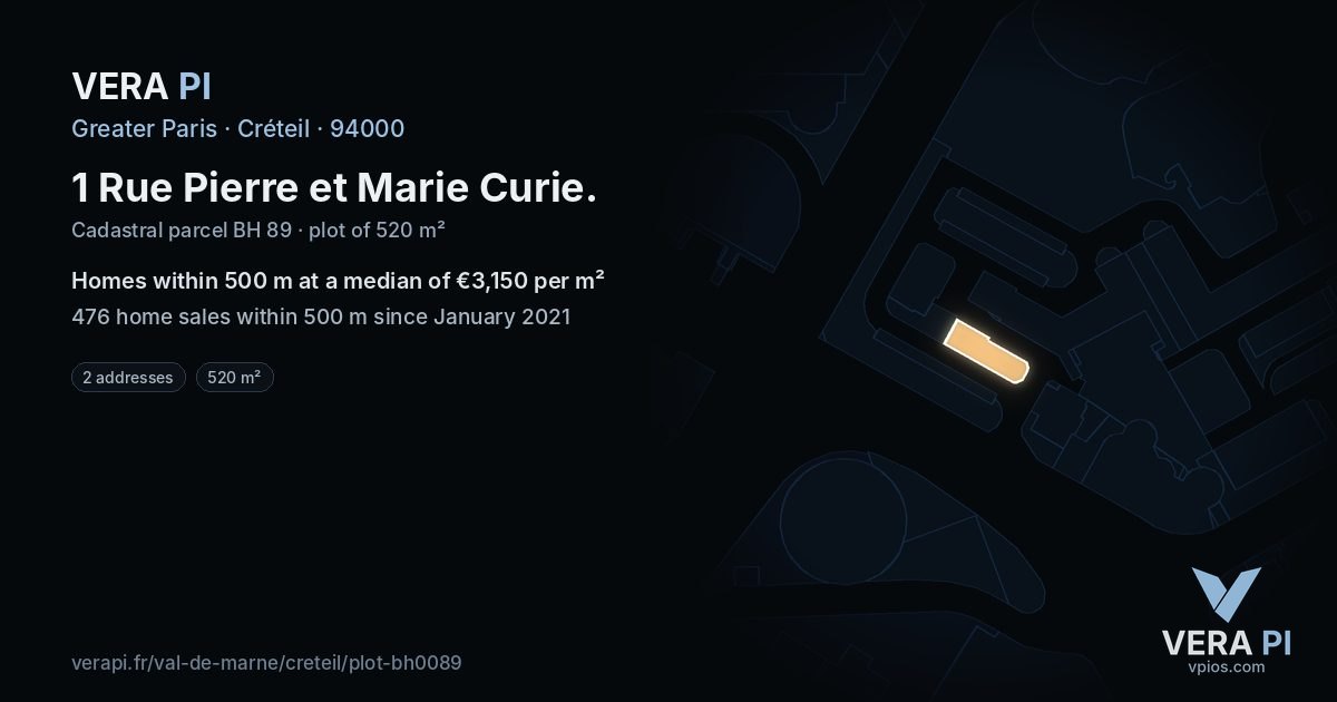 1 Rue Pierre et Marie Curie, Créteil at night – the plot lit, the parcels around coloured by the prices near them