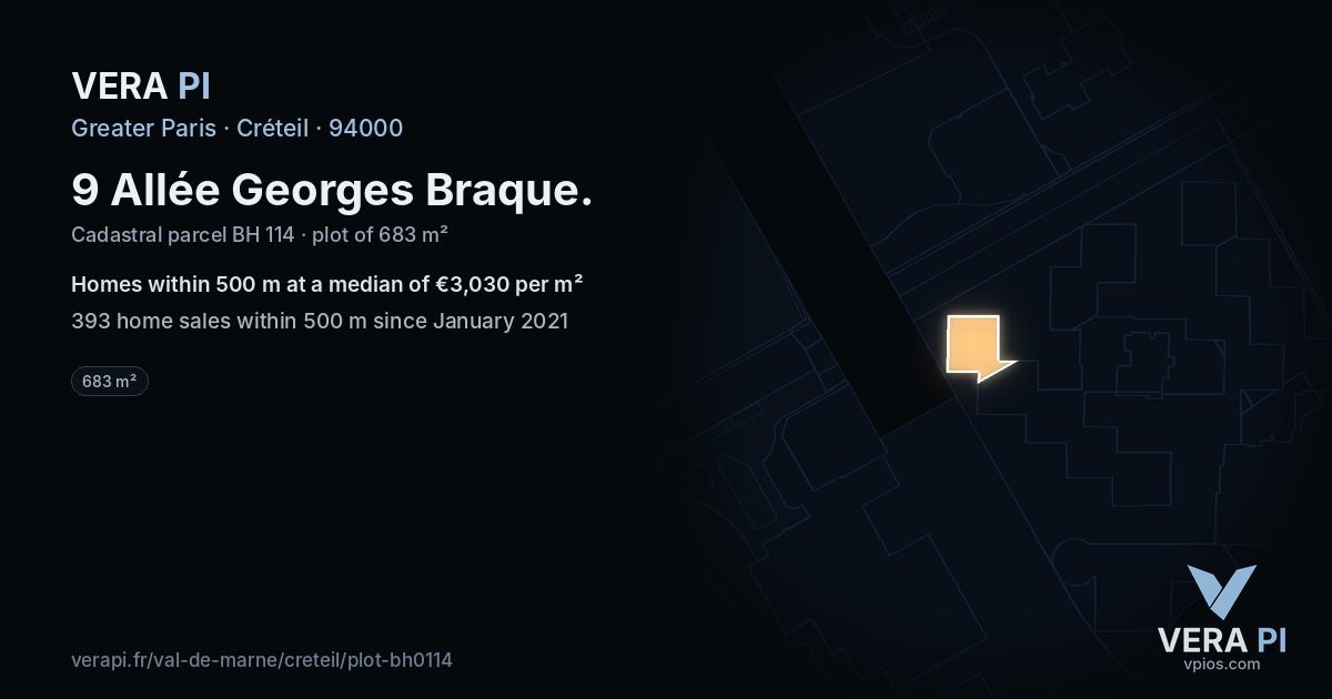 9 Allée Georges Braque, Créteil at night – the plot lit, the parcels around coloured by the prices near them