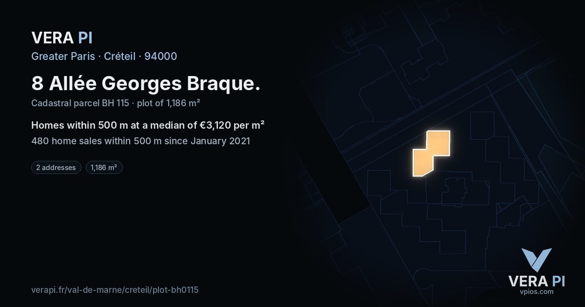 8 Allée Georges Braque, Créteil at night – the plot lit, the parcels around coloured by the prices near them