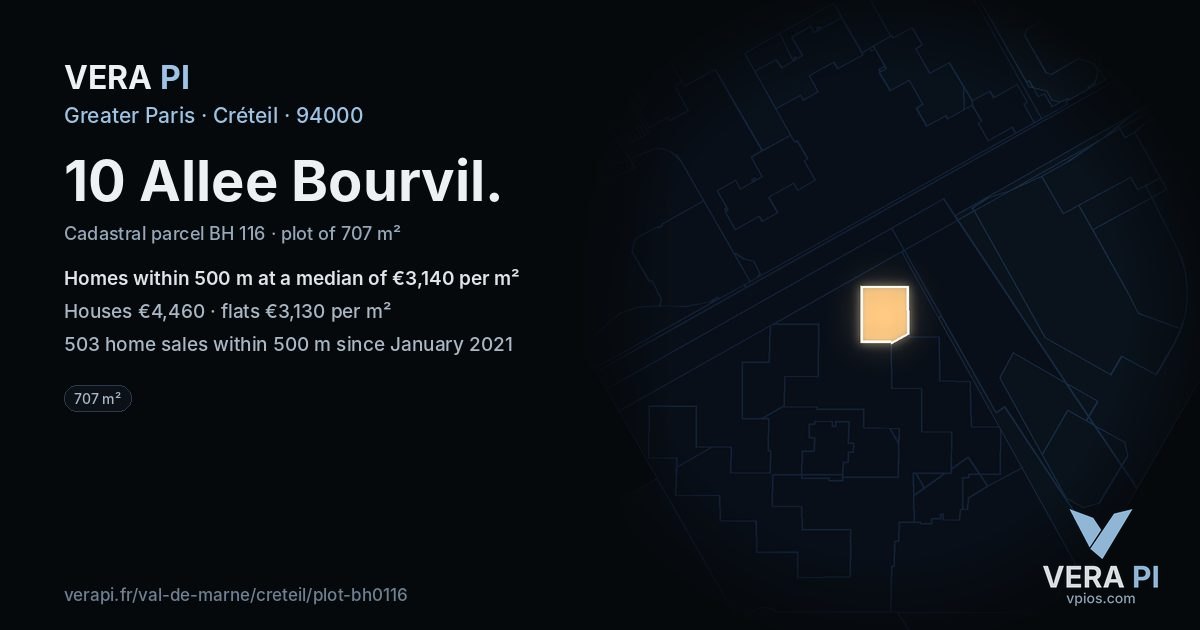 10 Allee Bourvil, Créteil at night – the plot lit, the parcels around coloured by the prices near them