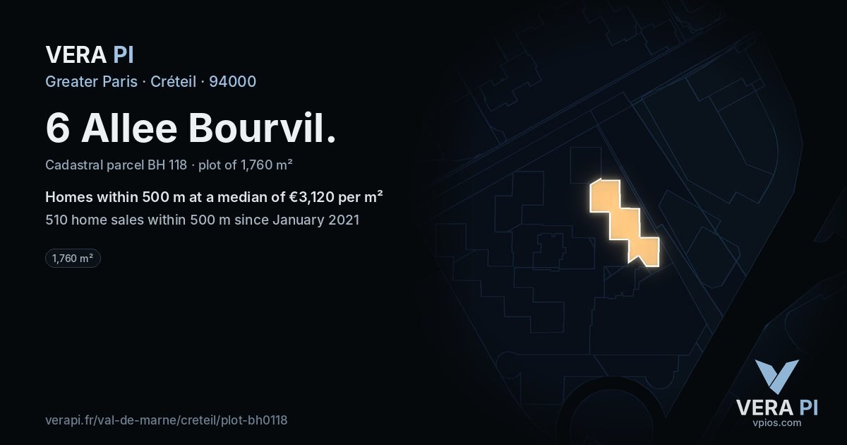 6 Allee Bourvil, Créteil at night – the plot lit, the parcels around coloured by the prices near them