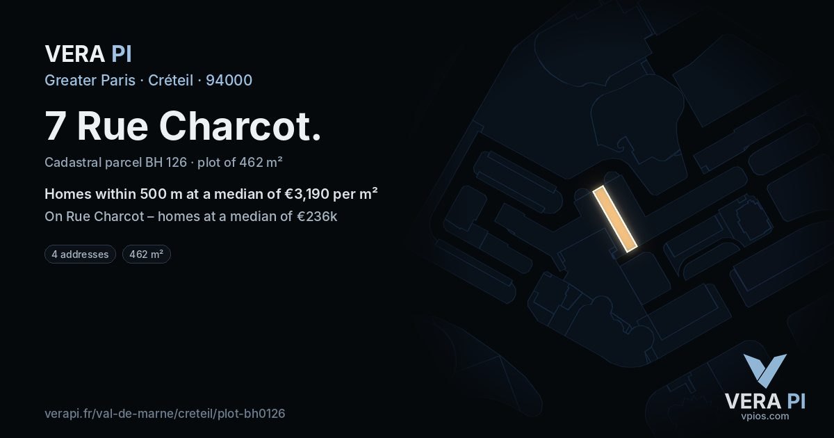 7 Rue Charcot, Créteil at night – the plot lit, the parcels around coloured by the prices near them