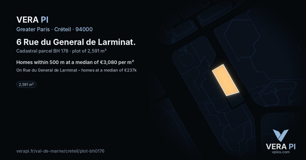 6 Rue du General de Larminat, Créteil at night – the plot lit, the parcels around coloured by the prices near them