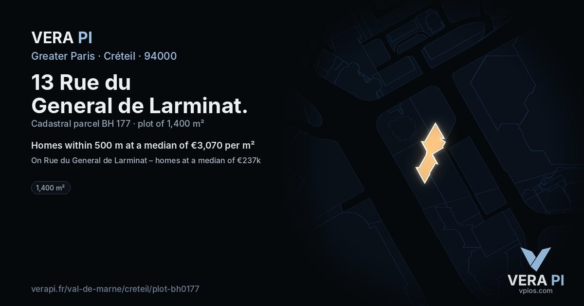 13 Rue du General de Larminat, Créteil at night – the plot lit, the parcels around coloured by the prices near them